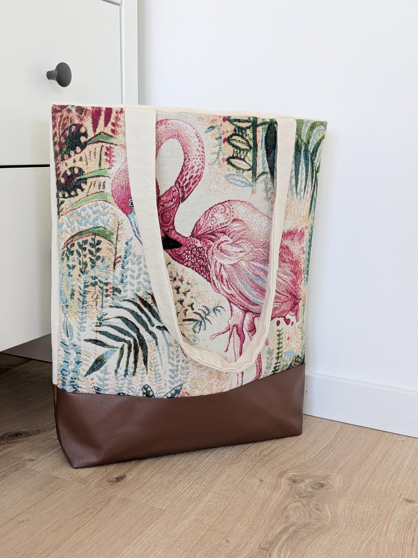 Shopper - Naturfarben mit tropischem Flamingomotiv
